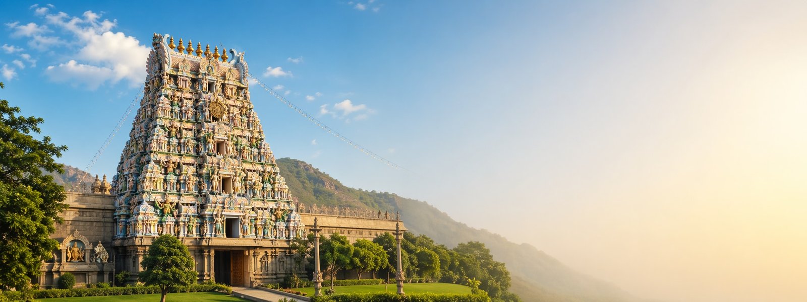 Scenic Indian temple travel banner for pilgrimage packages