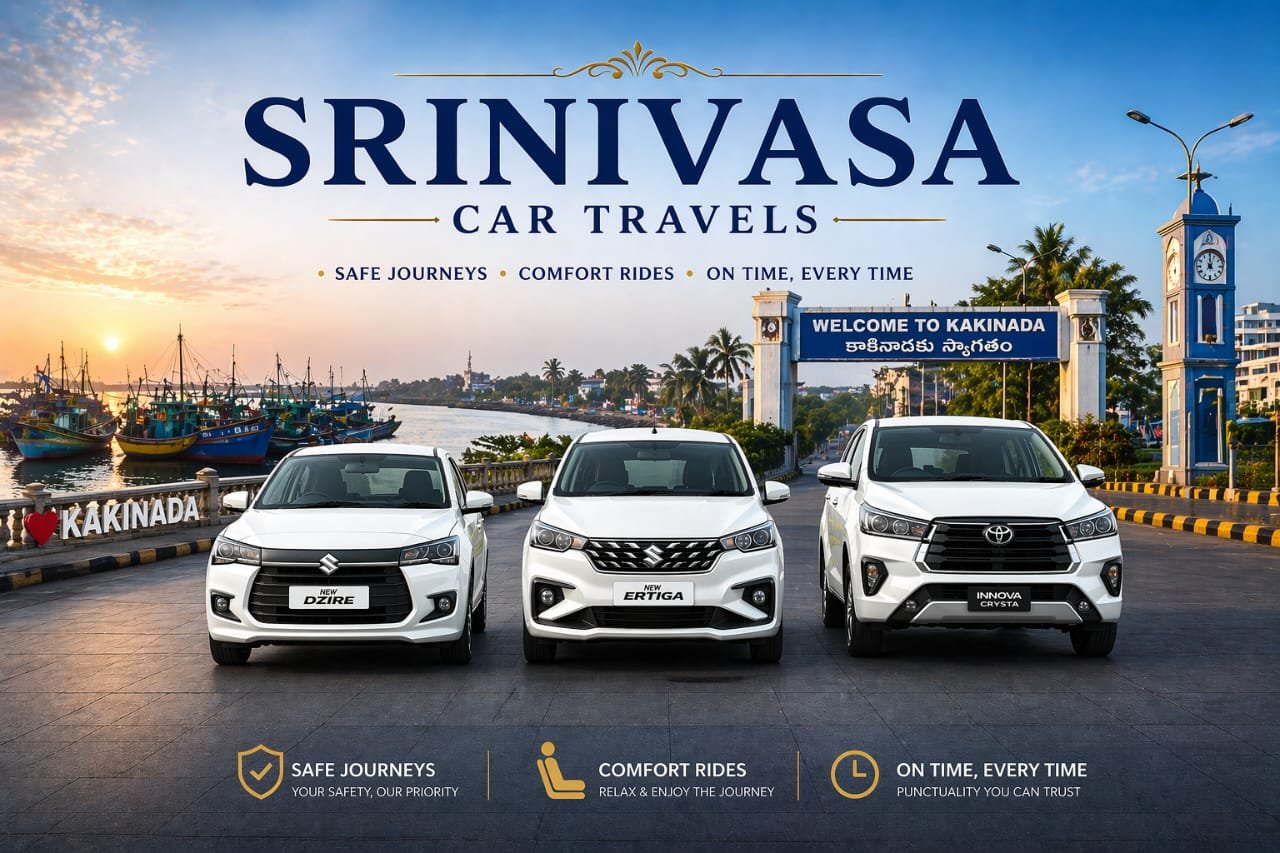 Srinivasa Car Travels hero poster featuring Dzire, Ertiga, and Innova Crysta in Kakinada