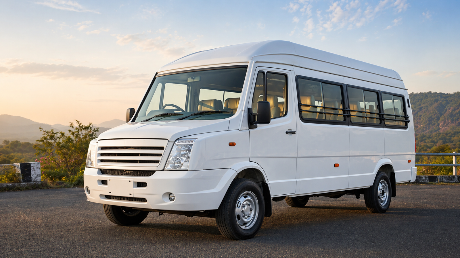 Full-view white Tempo Traveller van for group travel